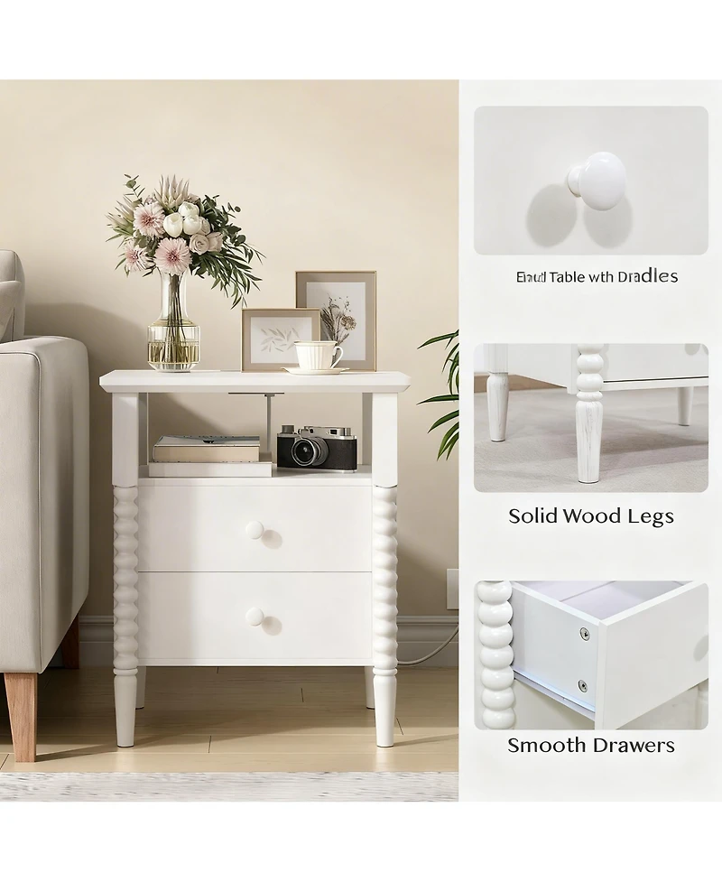 Yigii French Rustic Nightstand with Charging, Storage & Multi-Functional Use