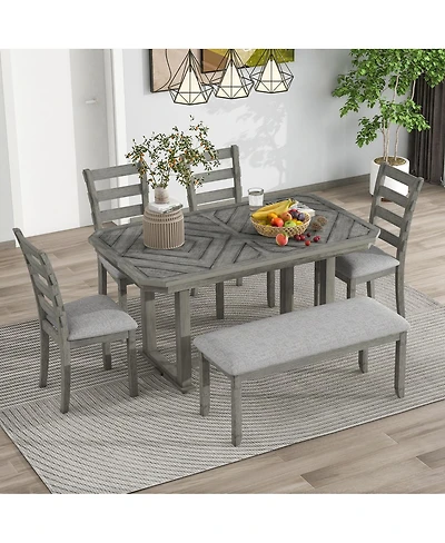 Streamdale 6-Piece Rubber Wood Dining Set with Wood Grain Tabletop & Soft Cushion (Grey)