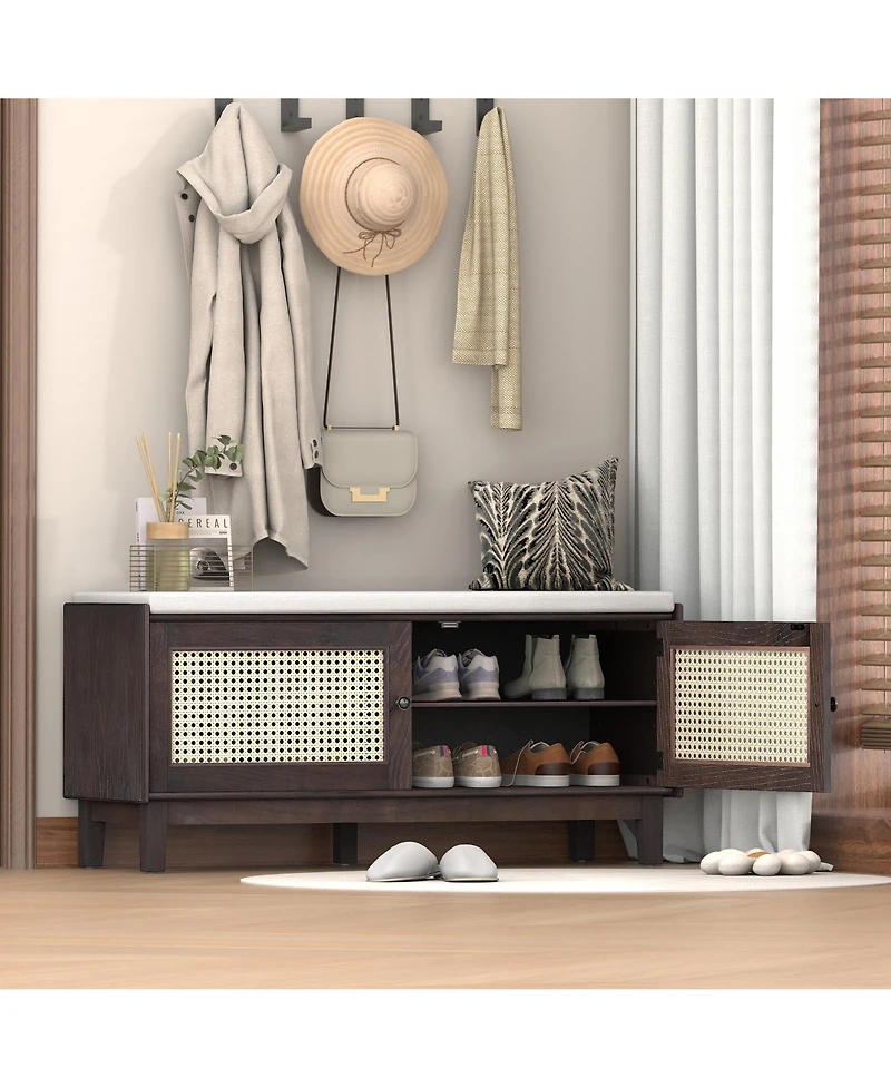 Rainsken Rattan Shoe Storage Bench, Wooden Shoe Organizer with Cushion, 2 Doors, 2-Tier Shoe Rack and Adjustable Shelves for Entryway, Hallway