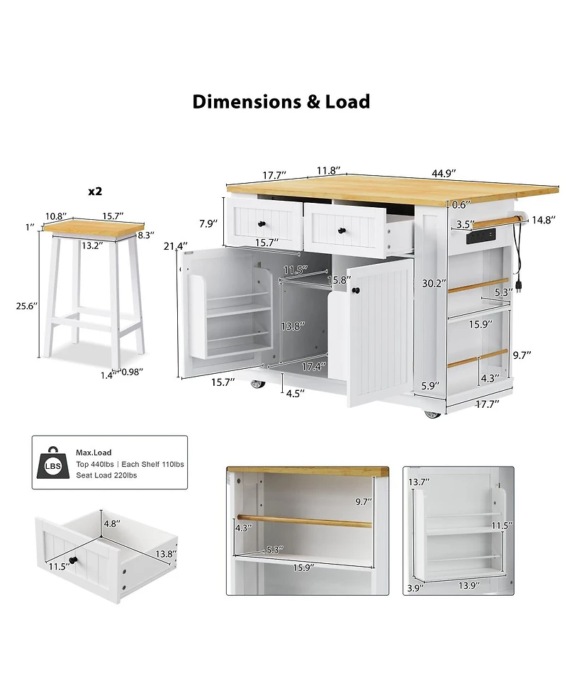 Streamdale Furniture 48" Kitchen Island w/ 2 Stools, Power Outlet, Storage, Drop Leaf, 5 Wheels