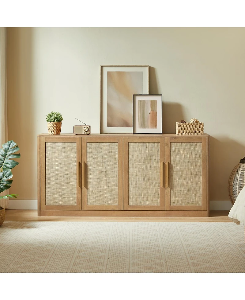 Streamdale Furniture 67" Rattan 4-Door Boho Buffet Cabinet, Large Sideboard Credenza