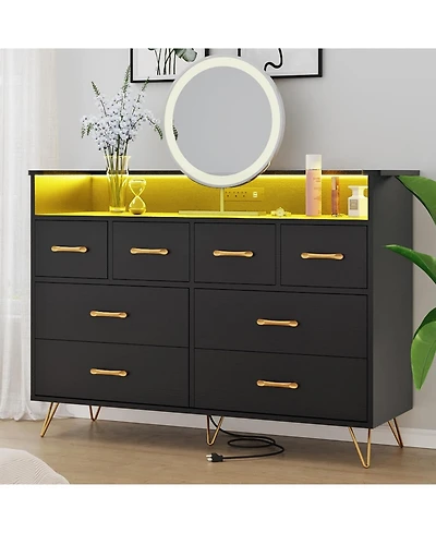 gaomon Dresser for Bedroom with Led Light & Charging Station, 8 Drawers Wooden Dressers with Open Space, Modern Chest of Wide Drawers