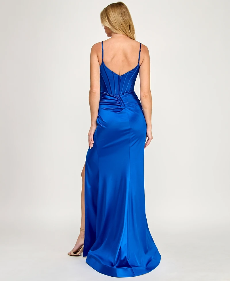 B Darlin Juniors' Sweetheart Neck Ruched Slit Gown