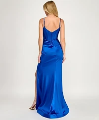 B Darlin Juniors' Sweetheart Neck Ruched Slit Gown