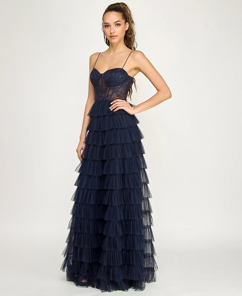 B Darlin Juniors' Lace Ruffled Sweetheart Sleeveless Gown, Created for Macy's