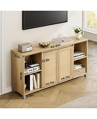 gaomon 70 Inch Tv Stand, Mid-Century Modern Entertainment Center with Rattan Cabinet Doors, Media Console with Open Shelves