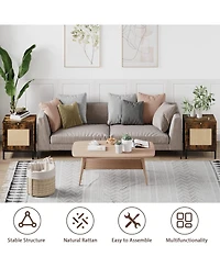 gaomon Natural Rattan Nightstand Set of 2, Boho Bedside with Storage, End Table with Natural Rattan Decorated Drawers, Solid Metal Legs