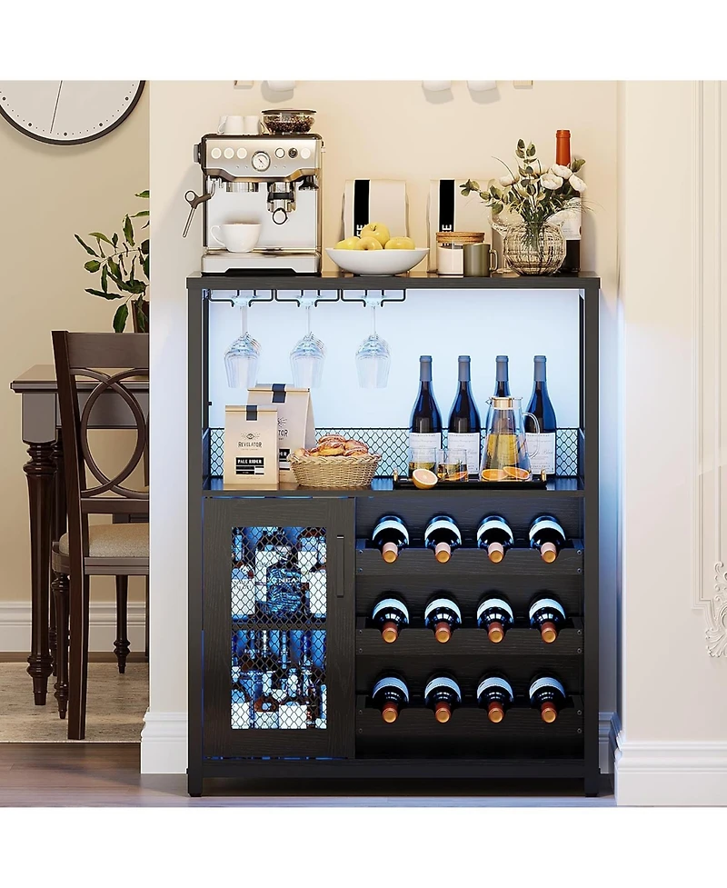 gaomon 3-Tier Wine Bar Cabinet with Led Detachable Wine Rack and Storage Space Buffet Cabinet with Glass Holder and Mesh Door for Kitchen