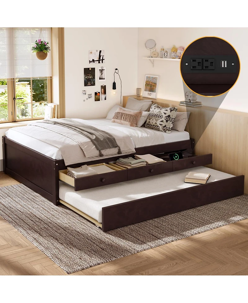 Streamdale Furniture Full Platform Bed with Trundle, 2 Drawers, Solid Wood, Espresso