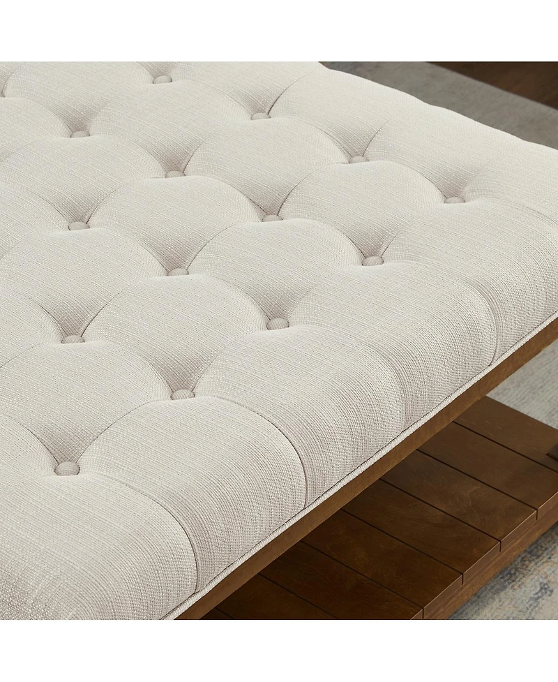 Streamdale Furniture Large Square Tufted Linen Ottoman Coffee Table with Solid Wood Shelf