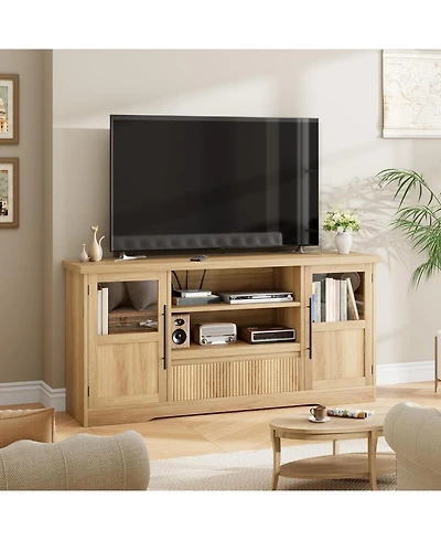 gaomon Retro Tv Stand for 75 Inch TVs, Wave Pattern Media Console with 2 Glass Door Cabinets & Open Shelves