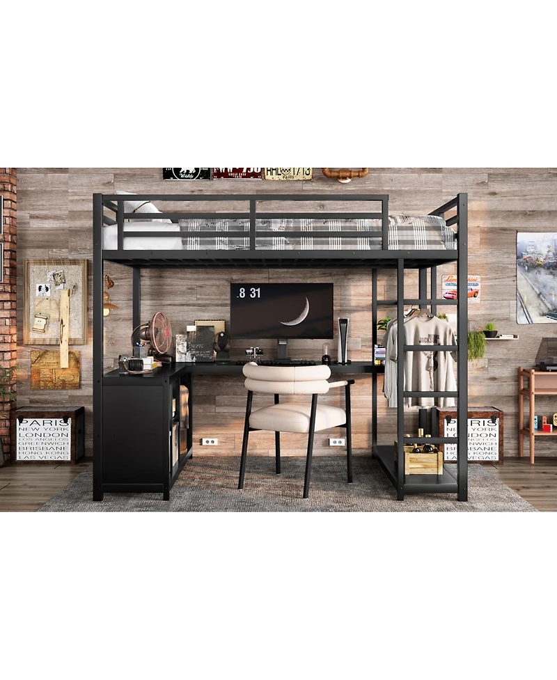 Streamdale Furniture Metal Loft Bed with Wardrobe, L-shaped Desk & Storage, Black
