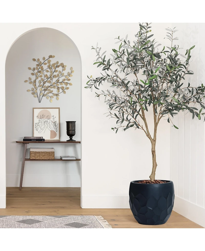 LuxenHome 14.6-Inch Round Black Geometric MgO Planter