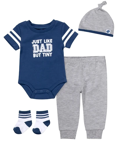 Baby Essentials Boys' Just Like Dad But Tiny Lettering Bodysuit, Pants, Socks and Hat, 4-Piece Set