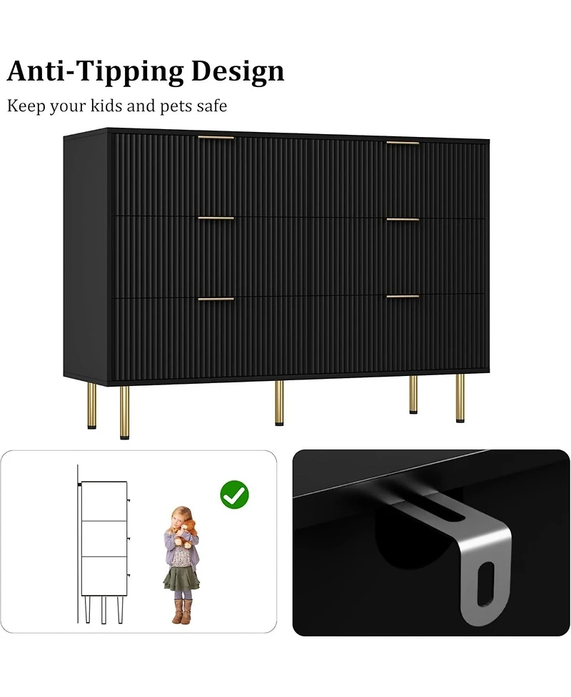 gaomon "47" wide modern 6 drawer fluted dresser with metal handles—wood chest for bedroom or living room."