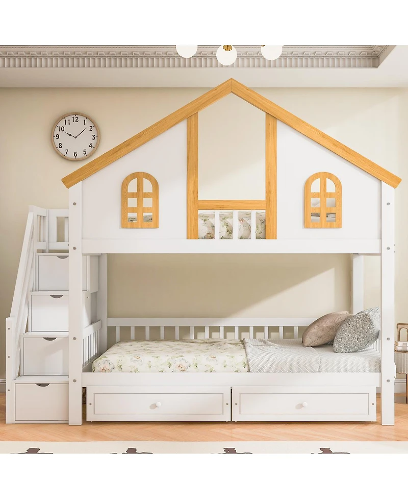 Streamdale Furniture Twin Size Wooden House Bunk Bed with Window, Door, Roof, Drawers & Stairs