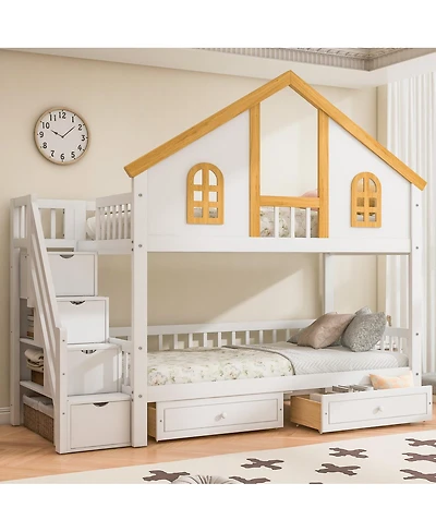 Streamdale Furniture Twin Size Wooden House Bunk Bed with Window, Door, Roof, Drawers & Stairs