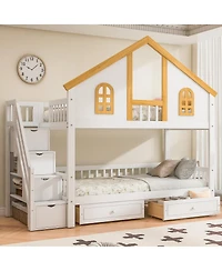 Streamdale Furniture Twin Size Wooden House Bunk Bed with Window, Door, Roof, Drawers & Stairs