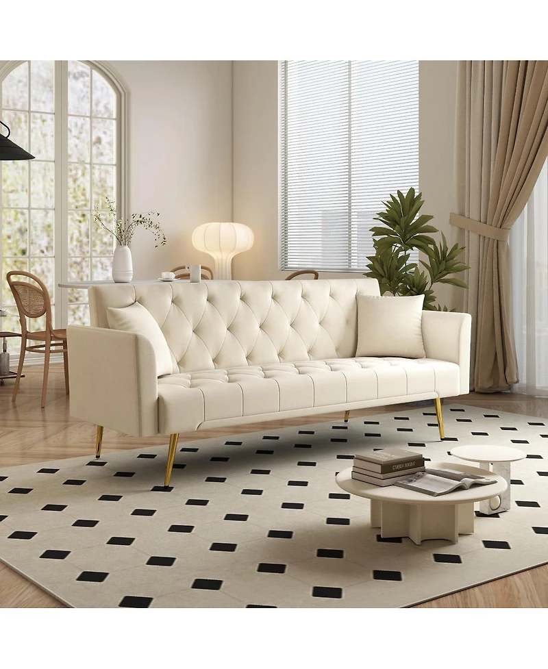 Streamdale Furniture Modern 72" foldable sleeper sofa, beige velvet, retro style.