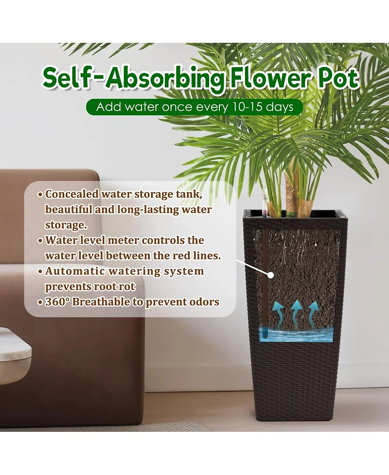 Streamdale Furniture Pack of 2 Square Planter 22-Inch Faux Rattan Flower Pot with Auto Watering