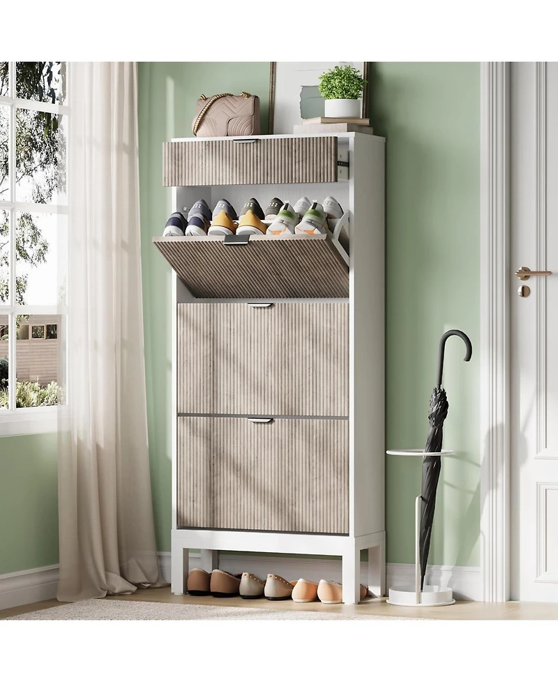 gaomon Wooden Shoe Cabinet with 3 Flip Doors & 1 Drawer – Slim Modern Fluted Shoe Organizer with Iron Legs, Freestanding Entryway