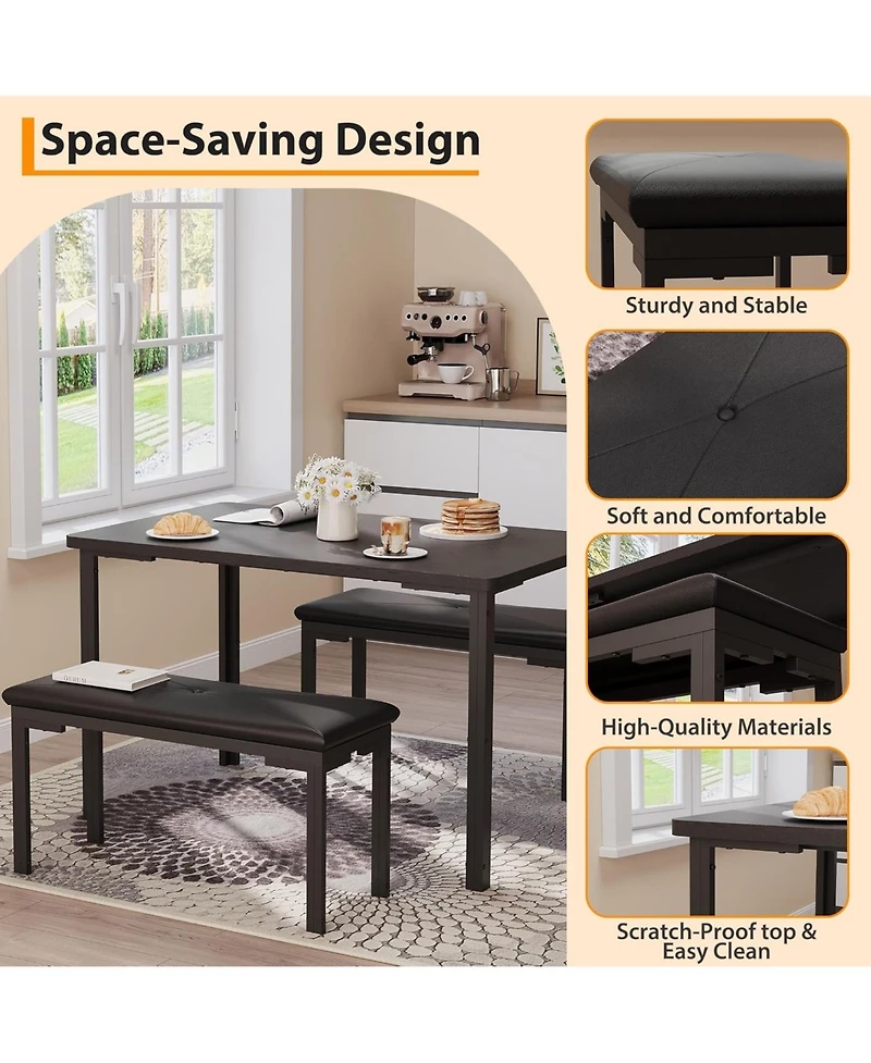 gaomon 43.3 Inch Dining Table Set for 4 Rectangle Kitchen Table with 2 Upholstered Soft Benches Metal Frame 3 Piece Dining Room Table Set Space-Saving