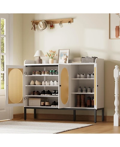 gaomon 7 Tier Rattan Shoe Cabinet, Freestanding Shoe Storage Organizer with 3 Rattan Doors and Adjustable Shelves for Entryway, Hallway, Living Room