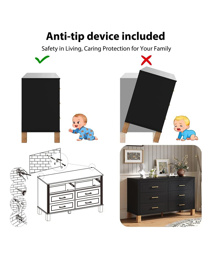 Streamdale Furniture 6-Drawer Double Dresser, Modern Storage Cabinet with Metal Handles & Solid Wood Legs