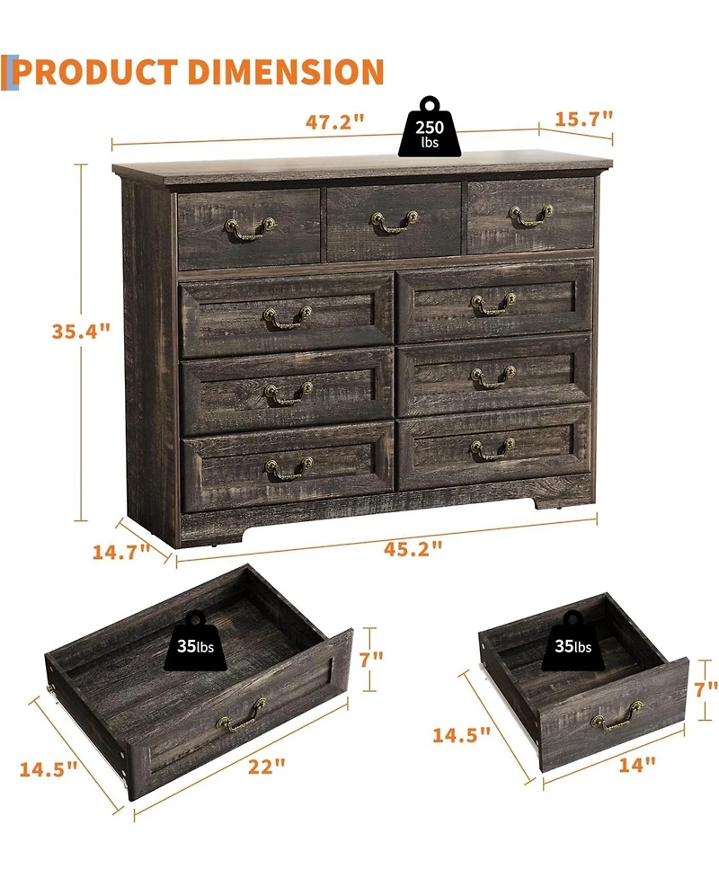 gaomon Dresser for Bedroom, Retro Wooden 9-Drawer Dresser, 47.2" Wide Chest of Drawers with Metal Handle, Dressers Tv Stand, Dressers