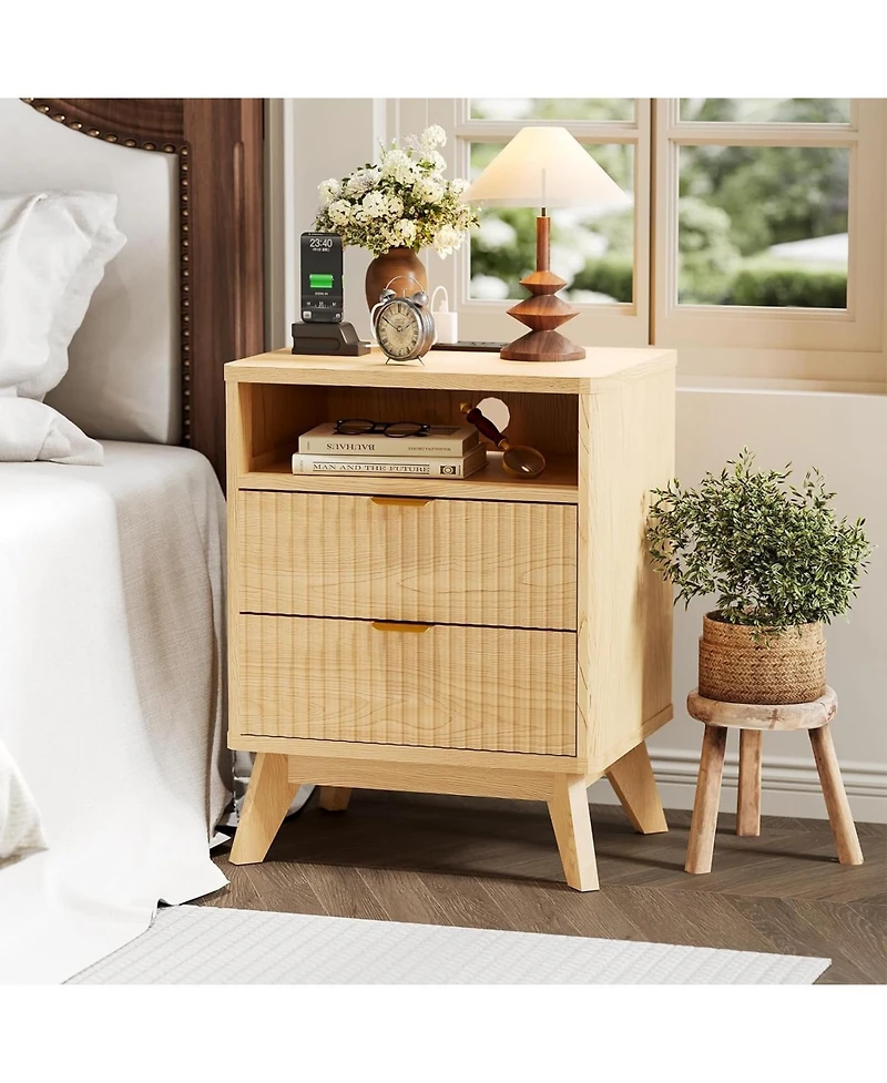 gaomon Modern Fluted Night Stands Set of 2, Nightstands with Usb Charging Station, Two Drawer Filing Cabinets with Shelf