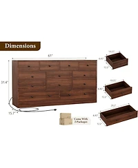 gaomon Drawer Dresser for Bedroom, 61 Long Modern Black Tv Stand with Charging Station, Large Wooden Chest Od Drawers Nursery, Closet
