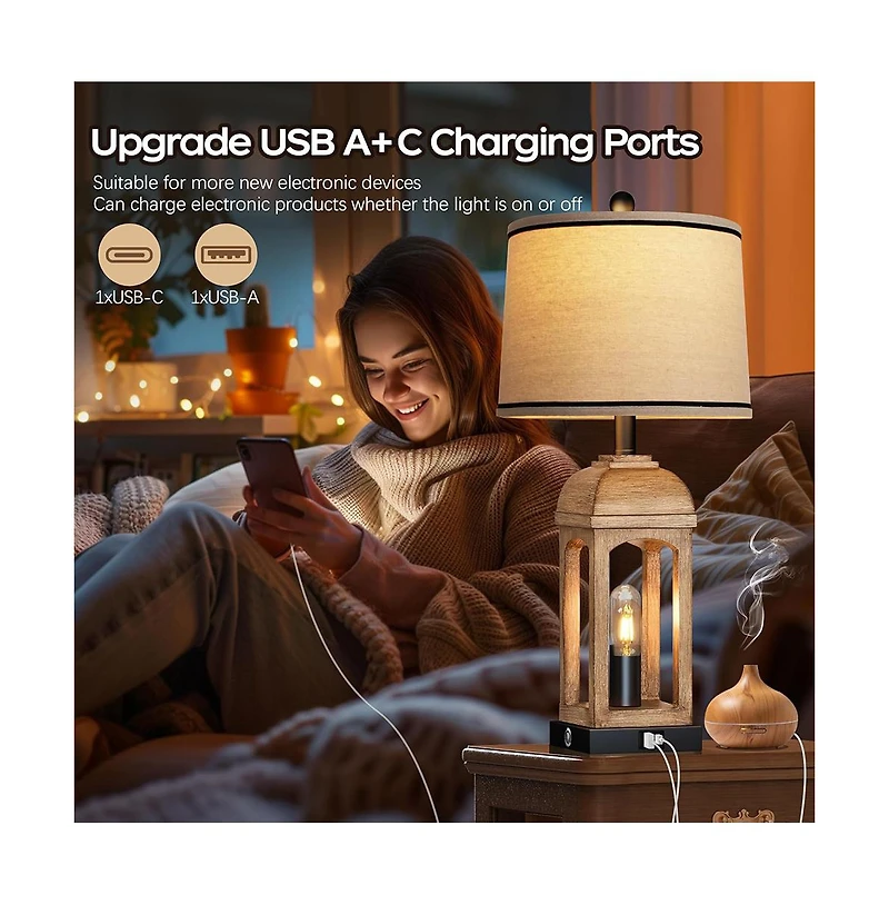 Sofucor 26-inch Table Lamp for Living Room, Farmhouse Lamps Set of 2 with Usb A+C and Nightlight