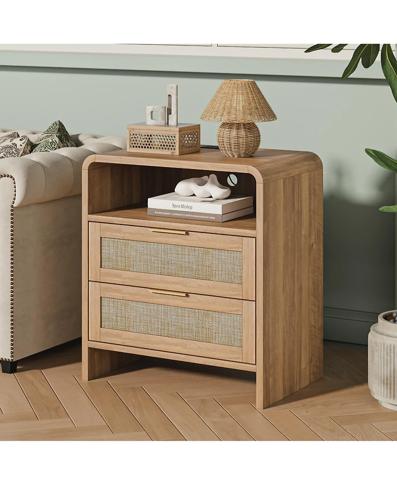 Rainsken Rattan Nightstand, Curved Wooden Bedside Table with Charging Station, 2 Drawers and Open Shelf