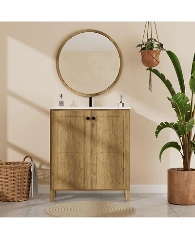 Sillysis 29" Antique Bathroom Vanity with Sink, Quick-Install Folding Storage, Eco Mdf Matte 3D Embossed Finish, Large Capacity