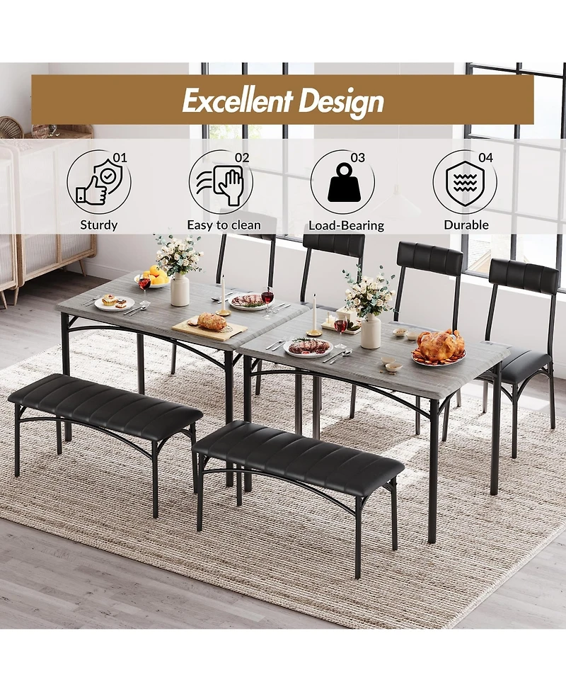 gaomon 4 Piece Rustic Upholstered Dining Set – Table, Chairs & Bench