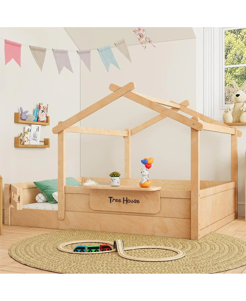 Streamdale Furniture Full Size Floor Bed with Guardrails, Roof, Tray & Signboard