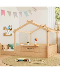 Streamdale Furniture Full Size Floor Bed with Guardrails, Roof, Tray & Signboard