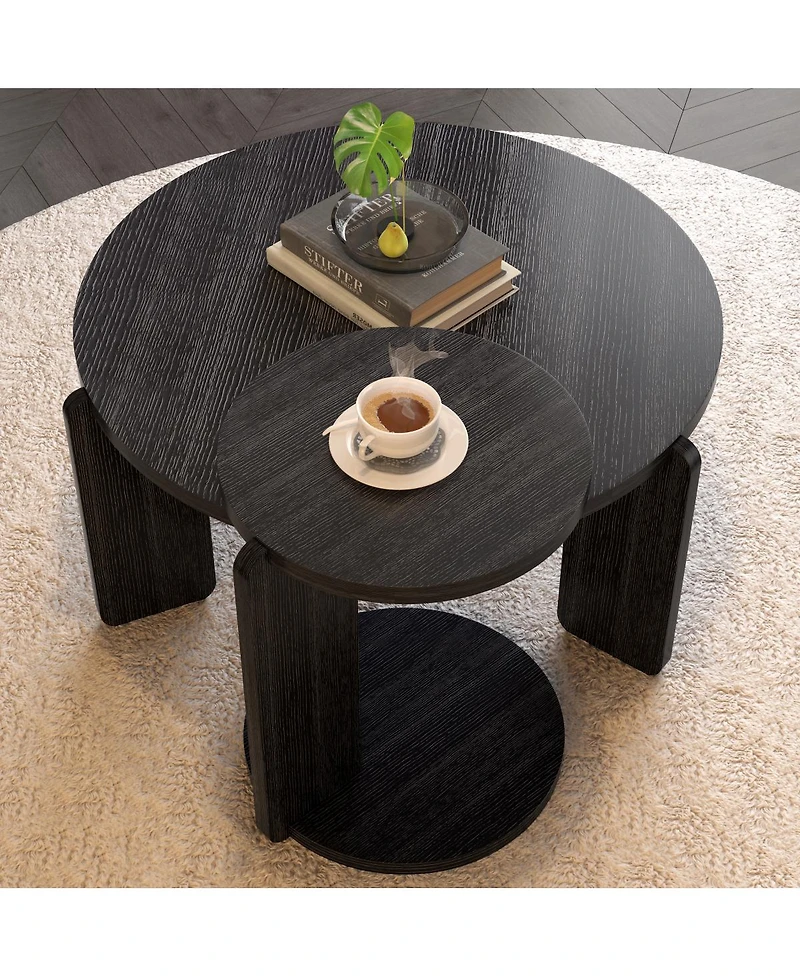 Streamdale Furniture Nesting round wood coffee table set of 2, black oak veneer top, water/wear-resisting