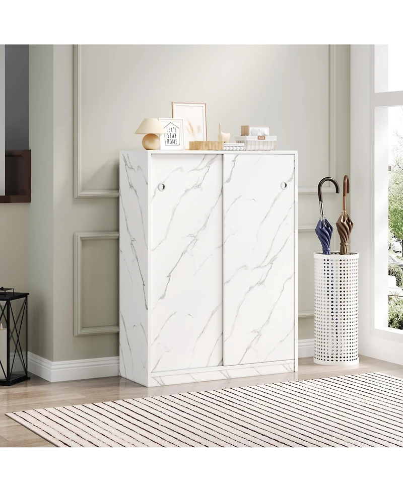 Rainsken 6 Tier Marble Texture Shoe Cabinet, Freestanding Shoe Organizer Holds 30+ Pairs Shoes with Sliding Door for Entryway