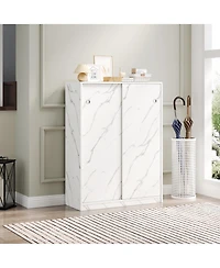 Rainsken 6 Tier Marble Texture Shoe Cabinet, Freestanding Shoe Organizer Holds 30+ Pairs Shoes with Sliding Door for Entryway