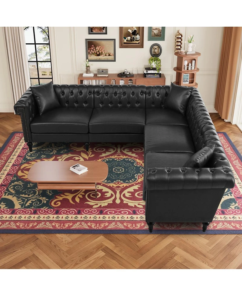 Streamdale Furniture Reversible L-Shaped Chesterfield Sofa with Rolled Arms & Nailhead Pu Leather