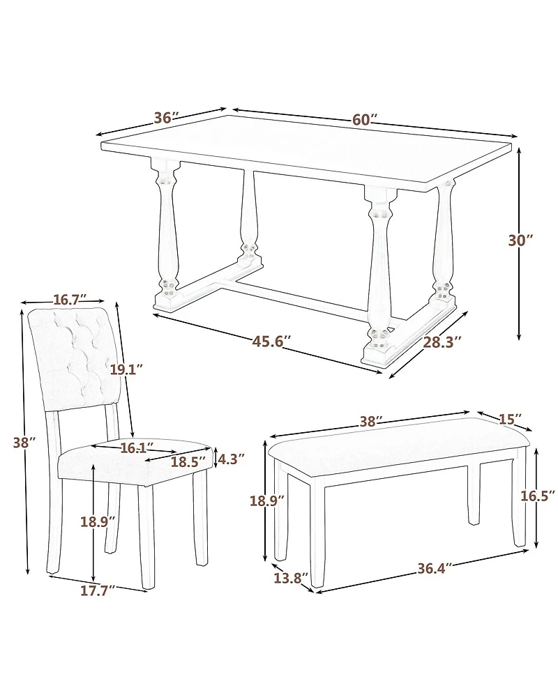 Streamdale Furniture 6-Piece Dining Set with Special-shaped Legs & Foam Seat Backs