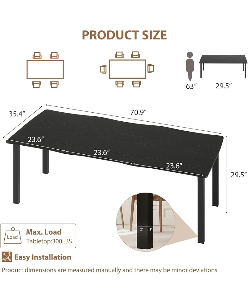 gaomon Rectangular Dining Table for 6-8 70.9" Minimalist Table with Wave Irregular Edge Thick Mdf Top and Metal Frame Waterproof Scratch