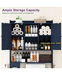 Yigii Metal Frame Over Toilet Cabinet with 7 Shelves & Hooks for Farmhouse Style