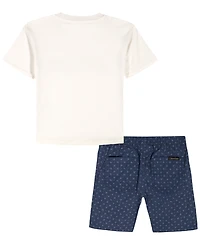 Calvin Klein Boys' 2T-7 Relaxed Logo T-Shirt and Printed Poplin Shorts, 2-Piece Set