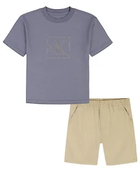Calvin Klein Boys' 2T-7 Relaxed Monogram T-Shirt and Poplin Shorts, 2-Piece Set