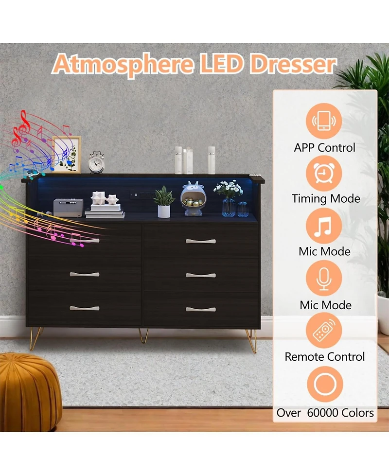 gaomon 6-Drawer Dresser with Usb Charging Station & Led Lights, Modern Wide Chest of Drawers, Large Bedroom Storage Tower Organizer in Black