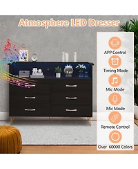 gaomon 6-Drawer Dresser with Usb Charging Station & Led Lights, Modern Wide Chest of Drawers, Large Bedroom Storage Tower Organizer in Black