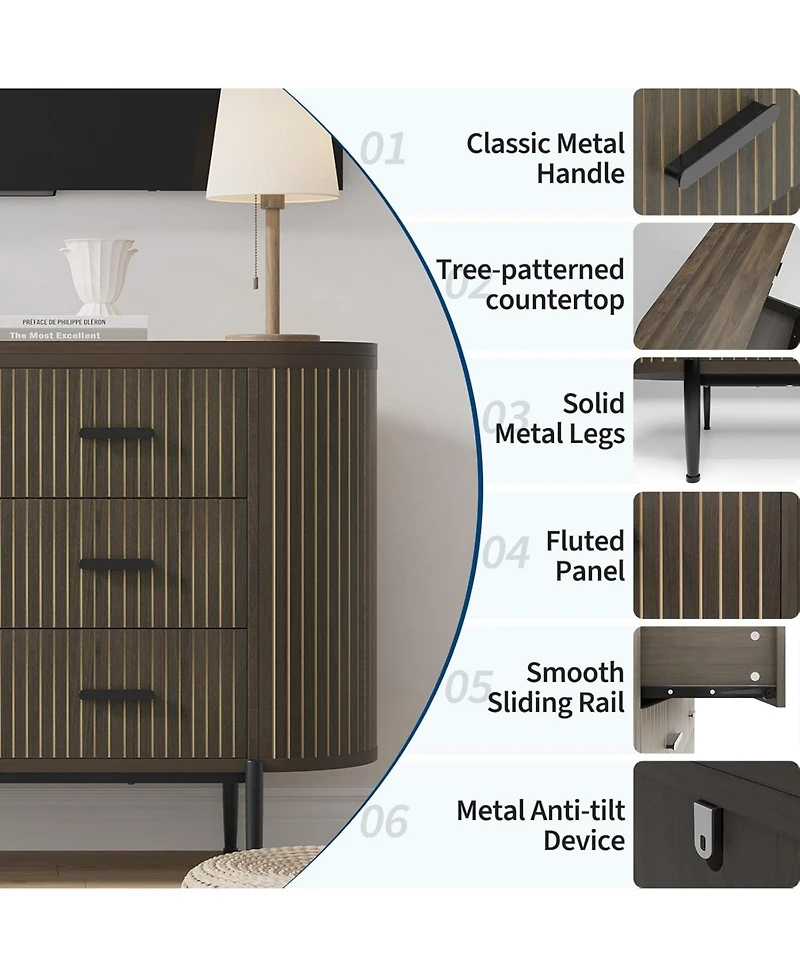 gaomon Fluted 6 Drawer Dresser for Bedroom, 59in Large Mid Century Modern Wooden Chest Dresser Tv Stand with Curved Profile Design and Gold Handles