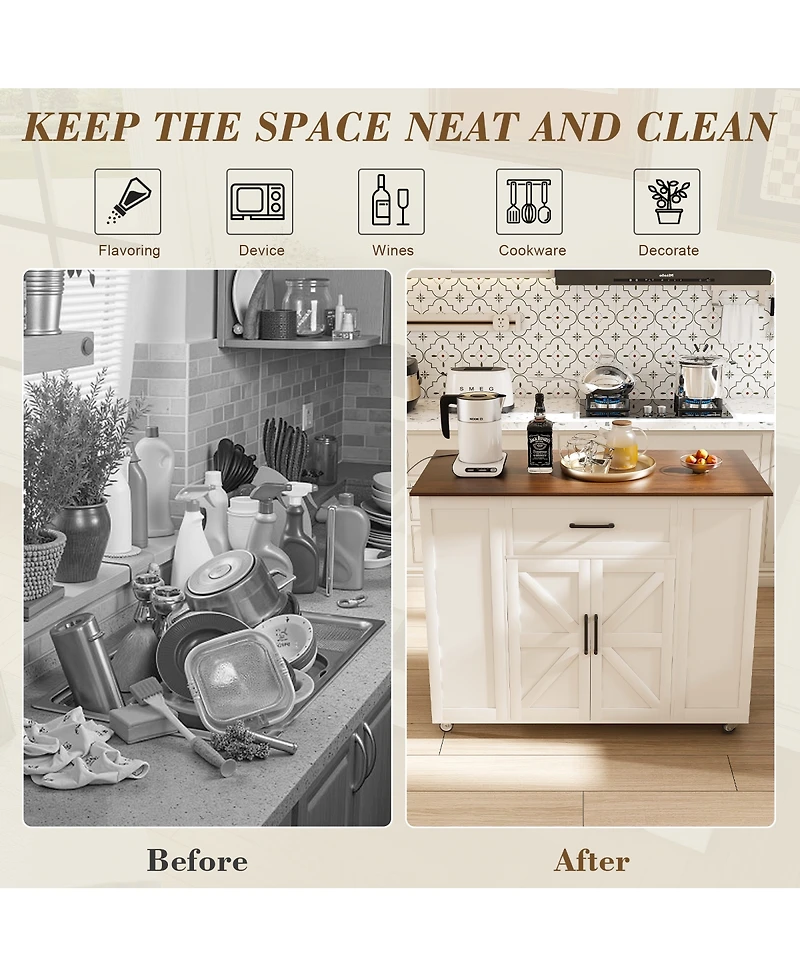 Streamdale Furniture46" Rolling Kitchen Island with Storage & Power Outlet - Rustic Breakfast Bar Table